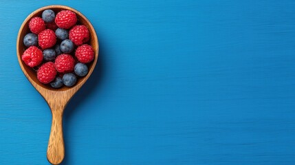 Vibrant berry bowl display blue background food photography natural lighting overhead view healthy eating concept