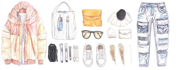 A stylish flat lay of winter clothing and accessories, featuring a puffer jacket, cargo jeans, bags, sunglasses, and footwear.