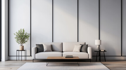 Minimalist living room design with a white sofa, wooden coffee table, and potted plant, set against sleek panel walls