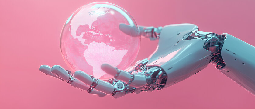 Robotic Hand Holding Digital Earth Globe.