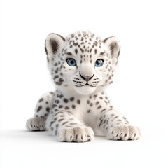 Naklejka premium Cute 3D render of playful snow leopard cub with blue eyes, showcasing its soft fur and distinctive spots. This adorable animal evokes joy and warmth