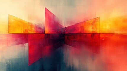 Abstract art; red, orange, and yellow geometric shapes.