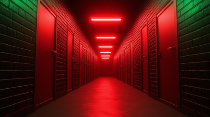 Fototapeta premium A dimly lit corridor featuring red lighting and closed doors, creating a mysterious and eerie atmosphere. Perfect for thriller and horror themes.