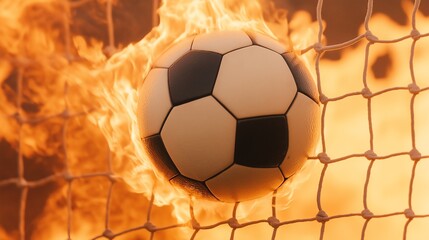 Fototapeta premium A dynamic image of a soccer ball bursting through the net, surrounded by flames, symbolizing passion and intensity in the game of soccer.