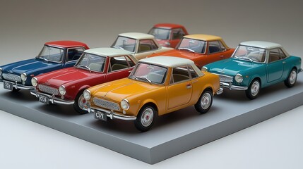 Six vintage toy cars in various colors arranged on a gray surface.