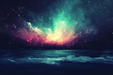 Fototapeta premium Abstract Night Sky with Glowing Clouds and Stars Reflected in Water