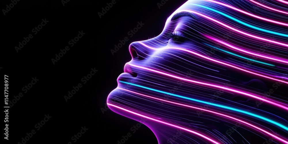 Poster dynamic light patterns on a human face studio 3d visualization dark environment side view technology
