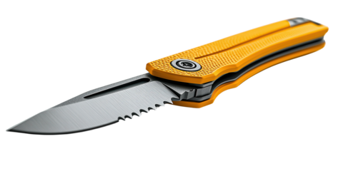  Compact yellow folding knife with a serrated edge and sleek design, perfect for outdoor activities, precision cutting, or industrial tasks. Durable and functional tool for versatility.