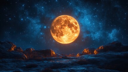 Naklejka premium Orange moon, starry night, rocky landscape.