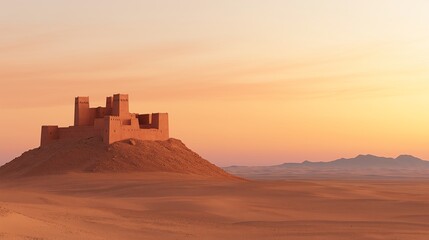 A majestic castle rises above golden sand dunes at sunset, highlighting the beauty of ancient architecture amidst a tranquil desert landscape.