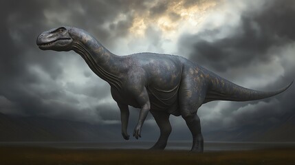 Obraz premium A majestic dinosaur stands under stormy clouds, showcasing its powerful stature and ancient majesty. Perfect for educational and creative projects.