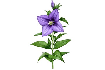 Purple Flower with Green Leaves on White Background