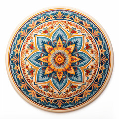 Naklejka premium Round Decorative Plate Mandala Design Blue Yellow Orange Floral Pattern