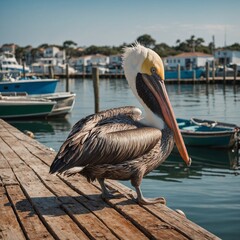 A pelican resting on a wooden pier with boats in the background.