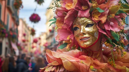 Nice Carnival, close-up of a dancer wearing a large flower costume and gold mask, happy facial expression against the backdrop of a colorful parade, Ai generated images