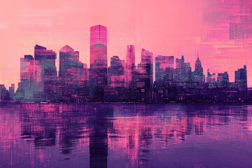 Obraz premium Digital Cityscape with Pink and Purple Hues and Water Reflection