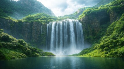 Fototapeta premium Serene waterfall cascades into lush green valley.