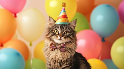 Cute cat in party hat celebrating birthday colorful balloons fun event indoor setting cheerful atmosphere