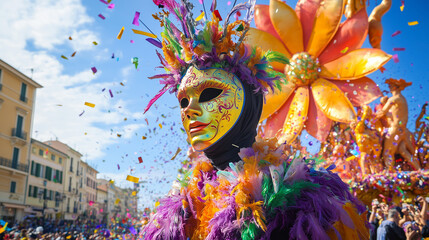 Nice Carnival, a lively parade along the streets of the French Riviera, people wearing colorful costumes with unique masks, Ai generated images