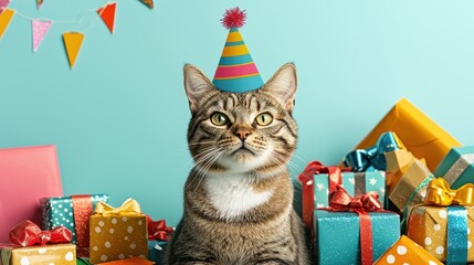 Festive cat celebration home party greeting card design colorful environment close-up view humorous concept