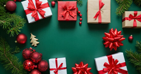 Top view of Christmas gifts with red bows, ornaments, and fir branches on a green backdrop setting