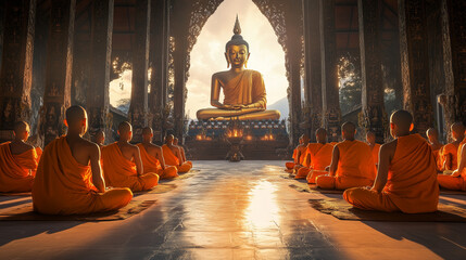 Makha Bucha Banner composition featuring orange robed Buddhist monks in an open temple, large Buddha statue in the background with soft light effects, Ai generated images
