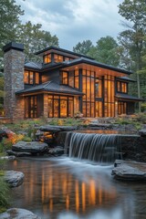 Fototapeta premium Modern house with waterfall at dusk. (1)