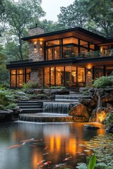Fototapeta premium Modern house with waterfall pond and koi fish at night.