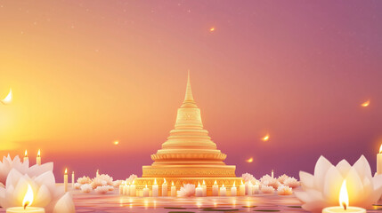 Makha Bucha Banner, elegant design with illustration of a large golden stupa in the center, surrounded by burning candles and white lotus flowers, Ai generated images