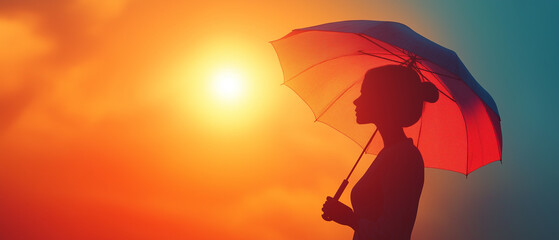 Silhouette of Woman with Umbrella at Sunset.