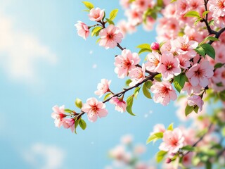 Fototapeta premium Beautiful Cherry Blossom Branch with Pink Flowers and Green Leaves Against a Clear Blue Sky, Ideal for Spring Themes, Nature, Floral Decor, Seasonal Greetings, and Romantic Concepts