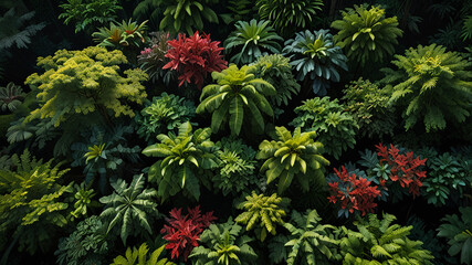 Aerial shot of a rainforest canopy with green trees and pops of red yellow and purple flowers perfect for nature inspired and tropical themed artwork.