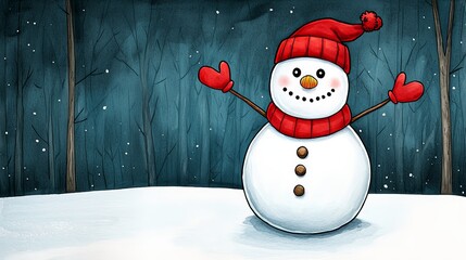 Cheerful Snowman in Winter Wonderland Watercolor Illustration