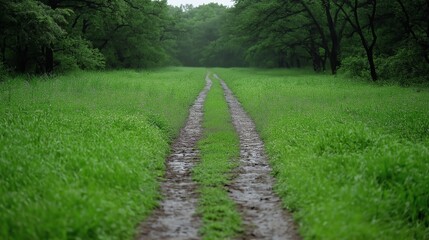 Fototapeta premium A serene muddy path winds through a lush, green field surrounded by trees, inviting a peaceful exploration of nature's beauty after the rain.