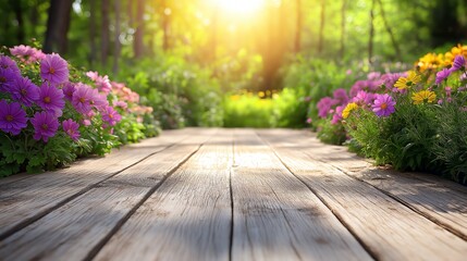 A serene pathway lined with vibrant flowers and lush greenery, illuminated by warm sunlight. Perfect for evoking tranquility and natural beauty.