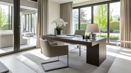 Minimalist modern home office with clean, elegant design. Featuring neutral tones and sleek furniture