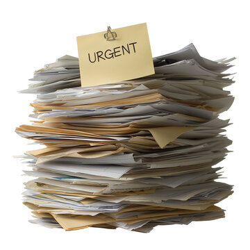 Urgent document pile office desk image with transparent background cluttered environment close-up view organization concept