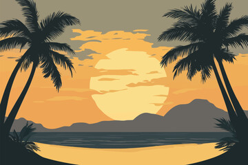 Tropical Beach Landscape with Palm Trees and Sunset