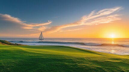 Sunset Sailboat Ocean Golf Course Landscape Peaceful Coastal Scene