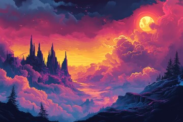 A City Built in the Clouds Under a Full Moon