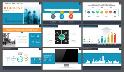 Business presentation template. Design, blue elements for presentation on a white background. Infographics, people and technology. Use in flyers, leaflets, marketing, powerpoint, vector illustration