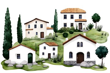 Naklejka premium Charming White Houses with Greenery and Landscape