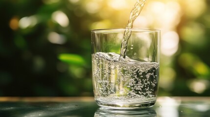 Water pouring into a glass outdoors in nature