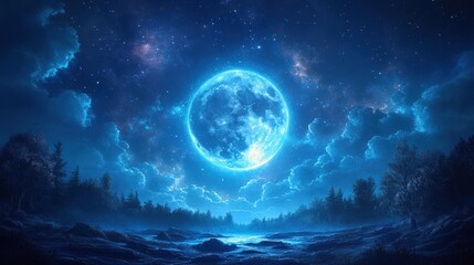 Enormous blue moon, starry night, forest silhouette.