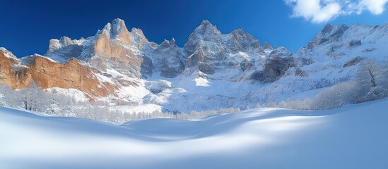 Obraz premium Snowy mountain range under blue sky.