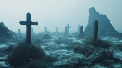 Eerie foggy cemetery with weathered gravestones in a misty