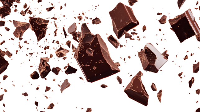 Shattered Dark Chocolate Pieces Falling Black Background