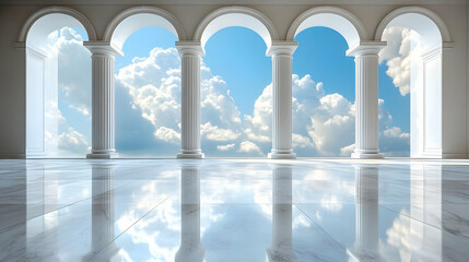Fototapeta premium White Marble Columns Archway with Blue Sky and Clouds 3D Illustration