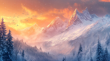 peak evening mist landscape natural view of mountain, A realistic painting showcasing a majestic mountain view, Outdoor landscapes with mountain textures with glowing snow.	