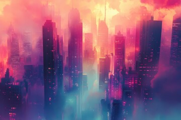 Futuristic Cityscape with Pink and Blue Haze